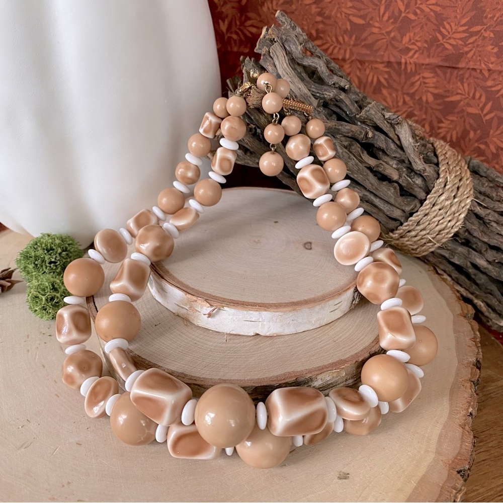 Vintage- Marvella- Tan & White Double Strand Necklace- J-Hook- Circa 1950s-60s